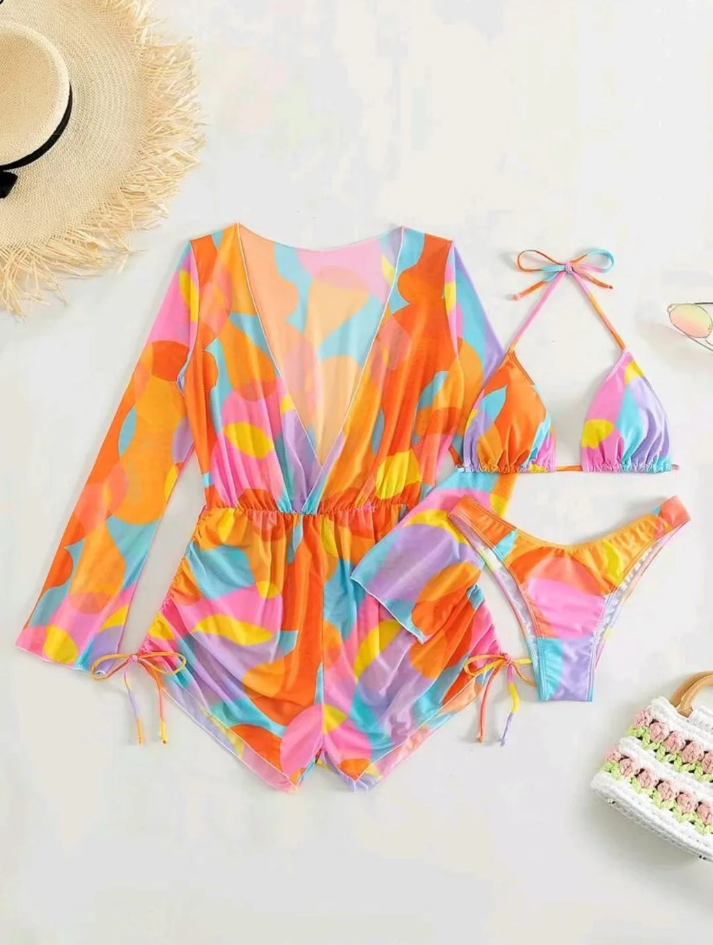 Print 3 Piece Bikini Set with Long Sleeve - Women's Cross Halter Swimwear for Beach