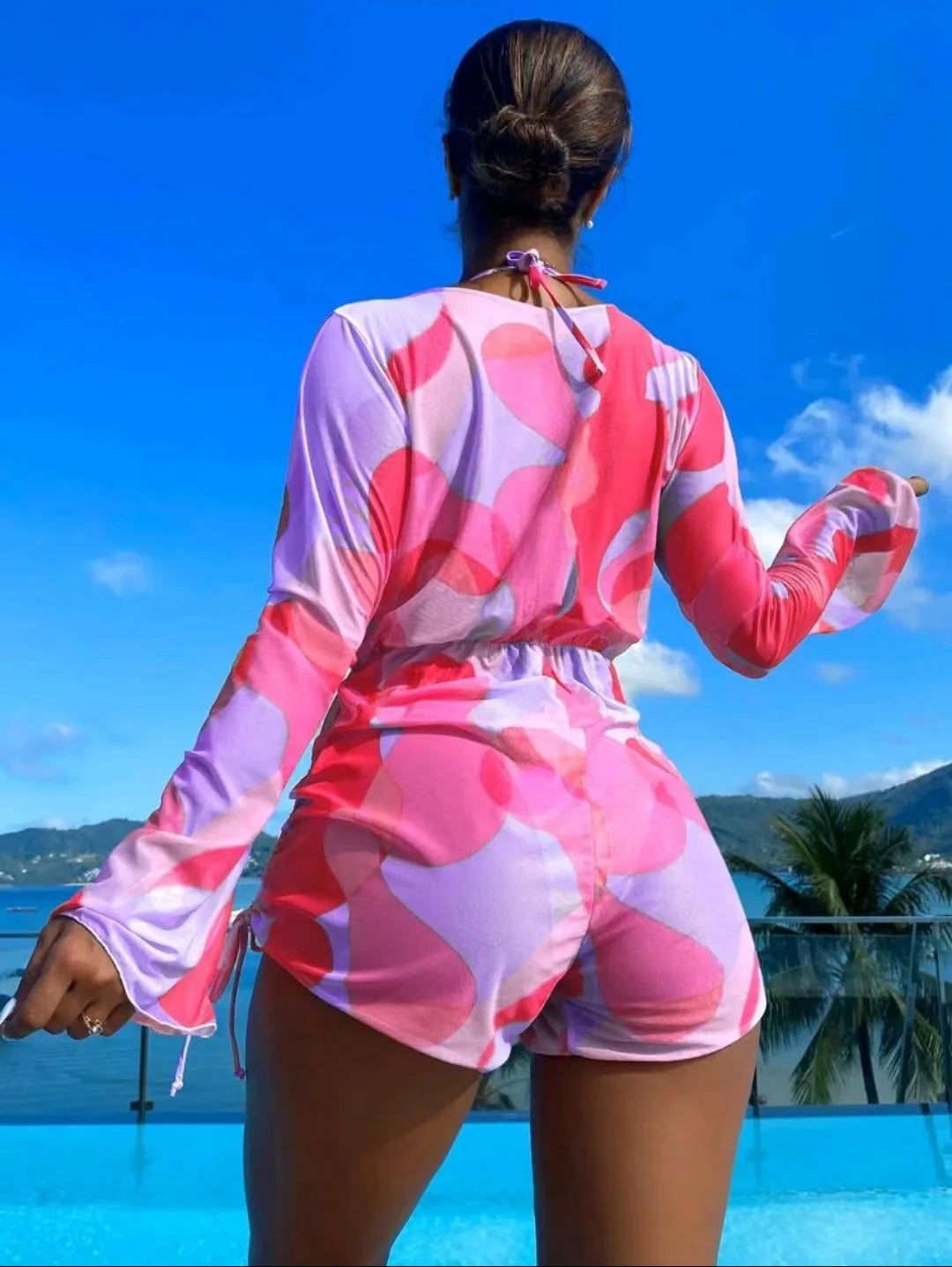 Print 3 Piece Bikini Set with Long Sleeve - Women's Cross Halter Swimwear for Beach