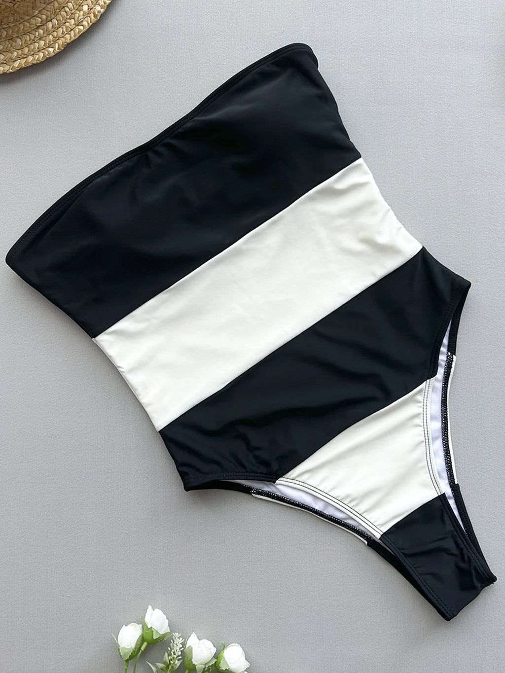 Women's Strapless One Piece Swimsuit | Contrast Color Patchwork Swimwear