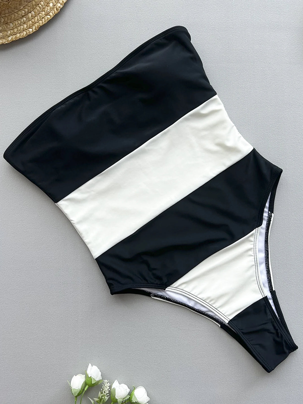 Women's Strapless One Piece Swimsuit | Contrast Color Patchwork Swimwear