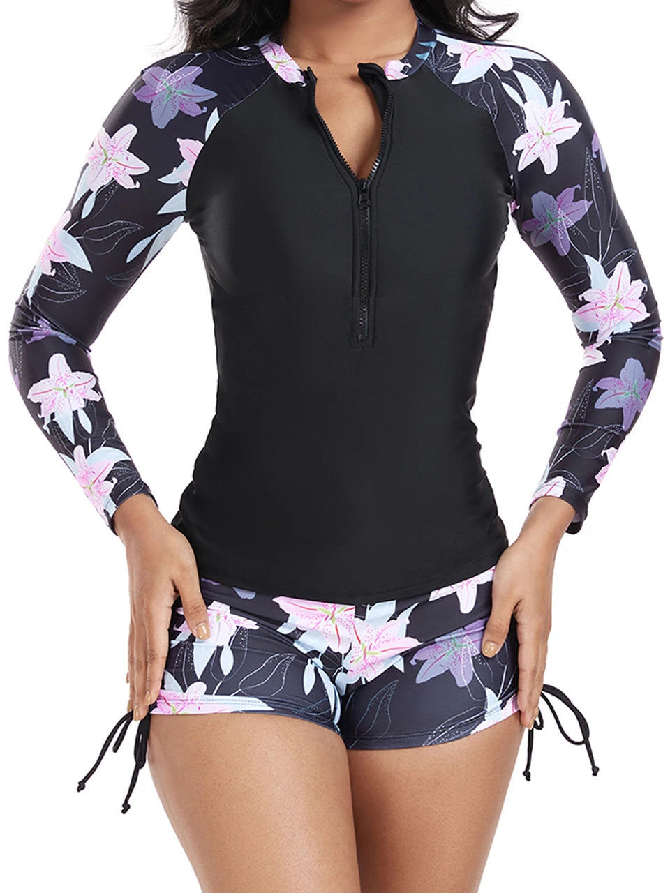 Women's 2 Piece Print Swimsuit - Long Sleeve Zipper Top for Surfing & Sport Diving