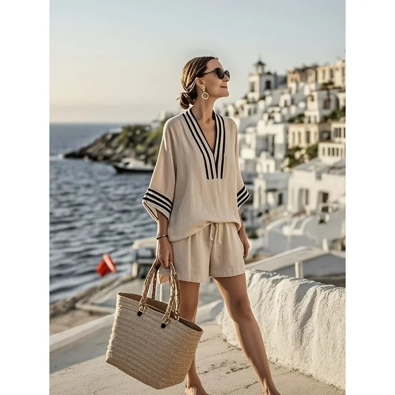 Women's Bohemian Striped V-Neck Shorts Set | Casual Beach Vacation Two Piece Outfit