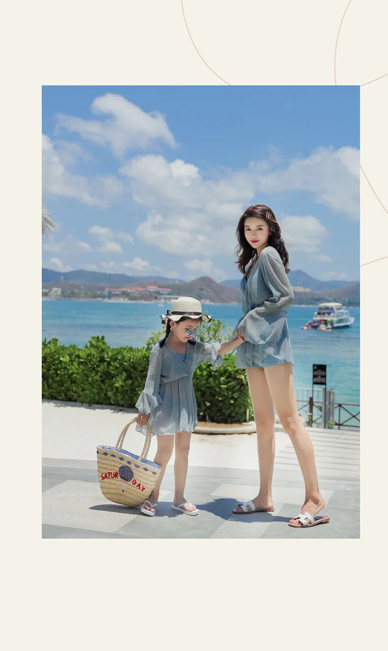 Mother-Daughter Matching Swimsuit Set | Long Sleeve Sun Protection Cover Up & Bikini 3-Piece
