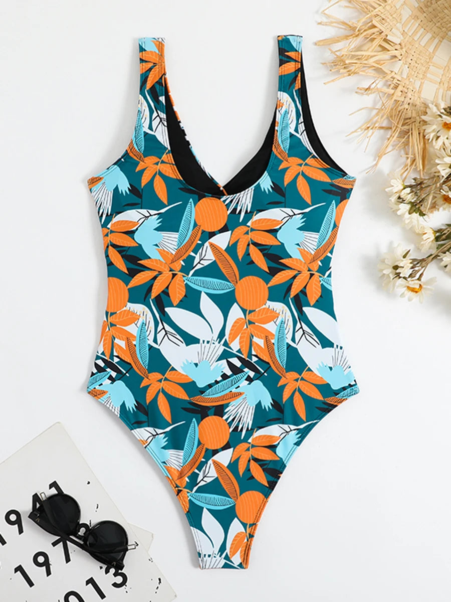 Tropical Print One Piece Swimsuit - Knot Side Belted & Padded Bathing Suit for Women