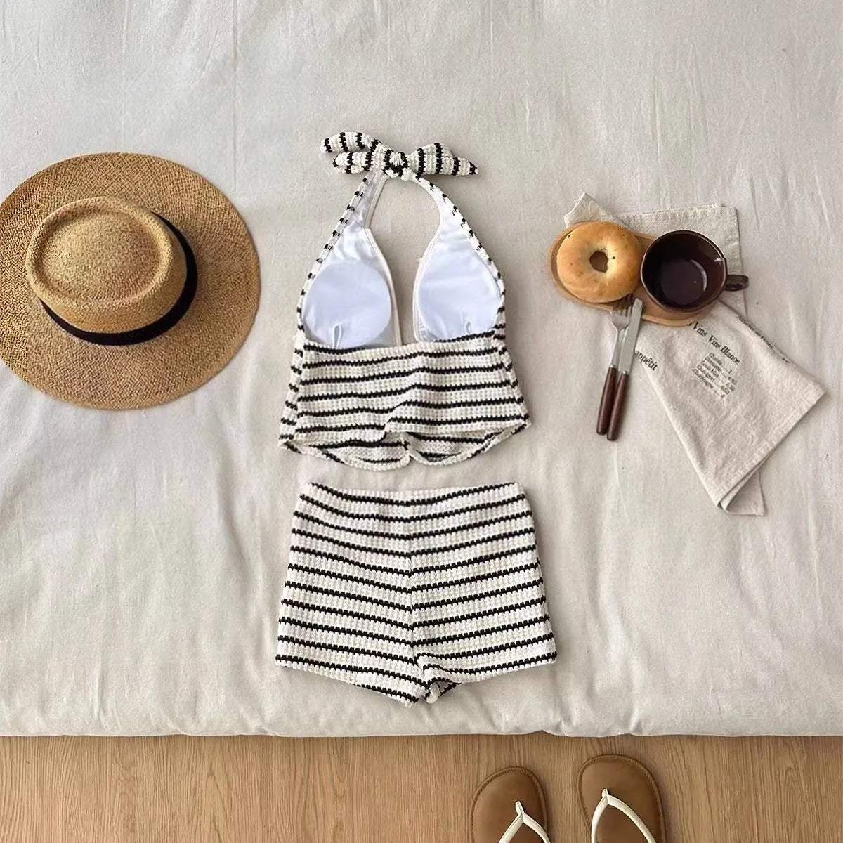 Women's Striped Knit Bikini Set | Halter Deep V Neck Two-Piece Swimsuit