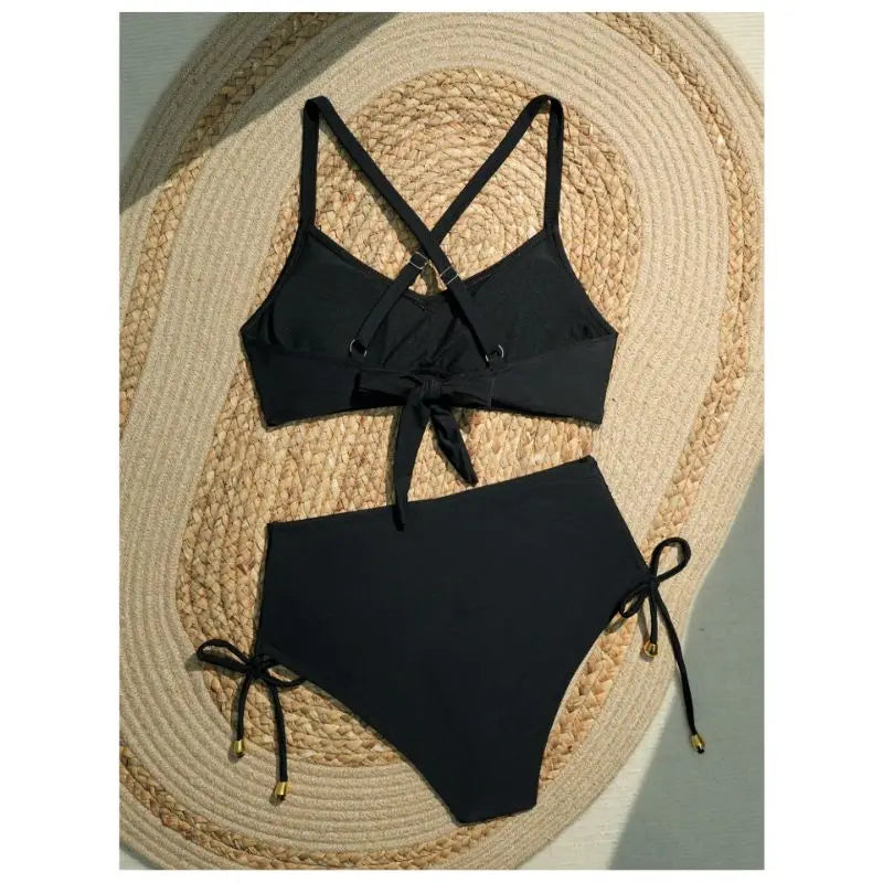 CIKINI Women's High Waist Criss-Cross Bikini Set | Metal Pendant & Adjustable Drawstring