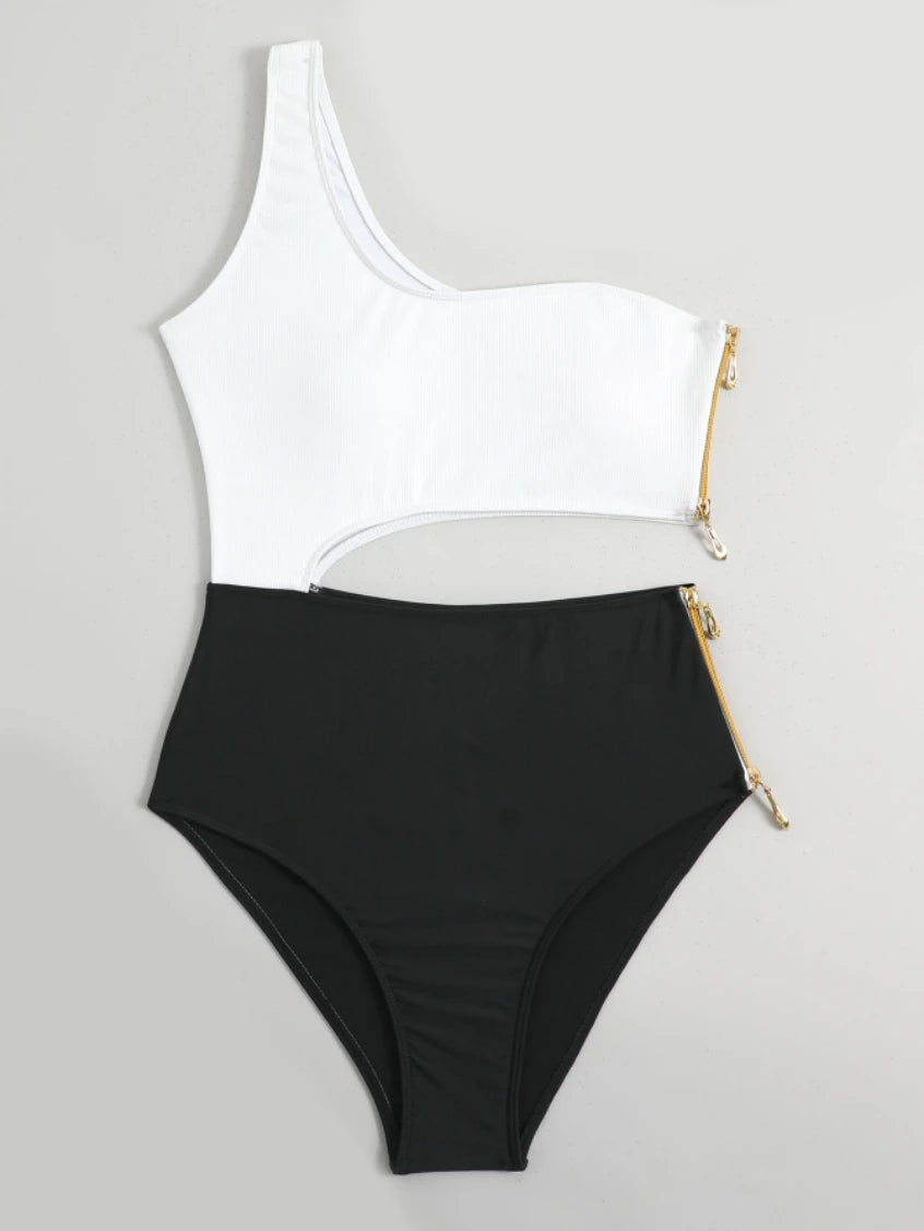 CIKINI Women's One-Shoulder One-Piece Swimsuit | Monochrome Patchwork Swimwear