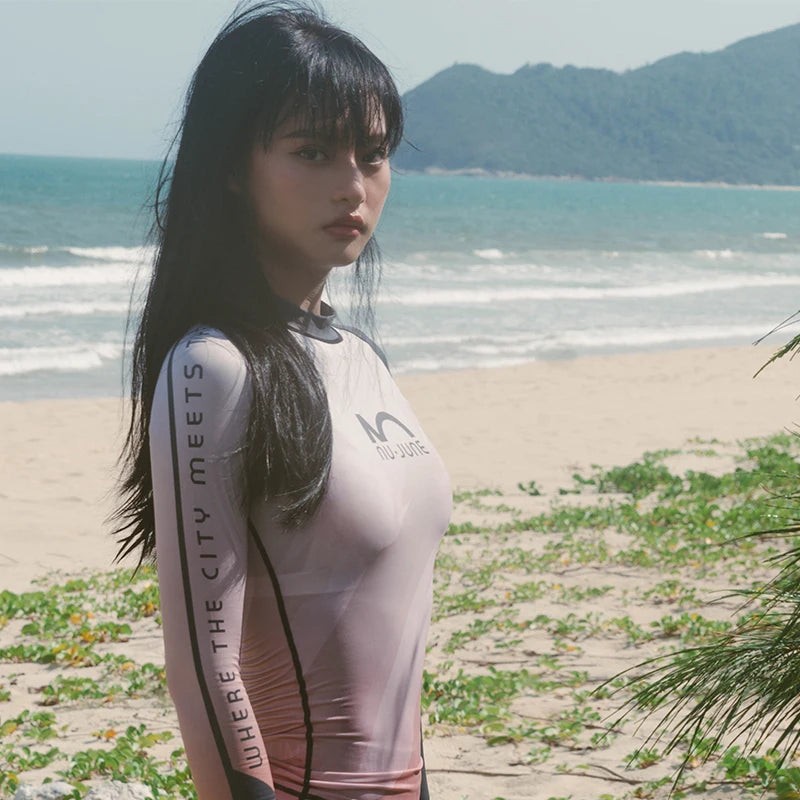 Nu-June Women's Long Sleeve Rash Guard Set | UPF 50+ Push Up Swimsuit with High Waist Bottoms