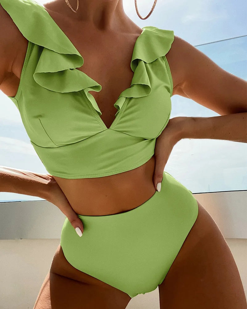 Women's High Waist Ruffle Bikini Set | V-Neck Push Up Two Piece Swimsuit