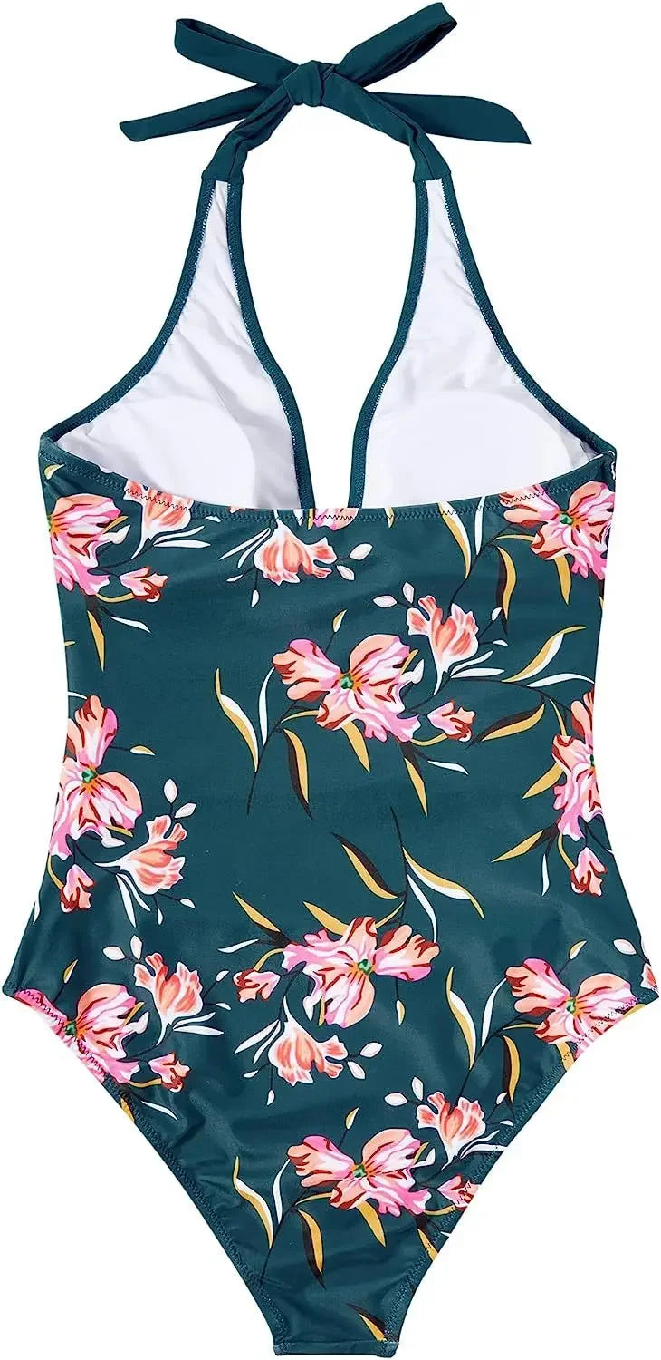 Women's Wrinkled Halter One Piece Swimsuit | V Neck Backless Monokini S-XXL
