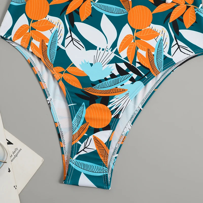 Tropical Print One Piece Swimsuit - Knot Side Belted & Padded Bathing Suit for Women