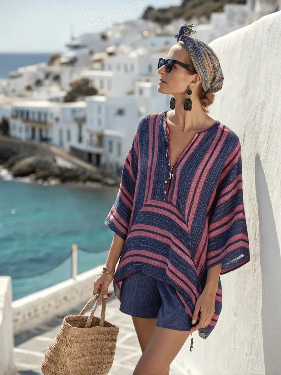 Women's Bohemian Striped V-Neck Shorts Set | Casual Beach Vacation Two Piece Outfit