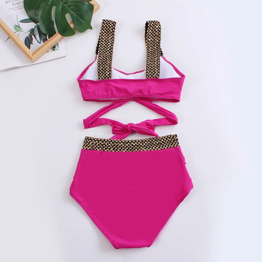 Black Cross High Waist Bikini Set - Solid Swimsuit for Women | 2025 Summer Beachwear