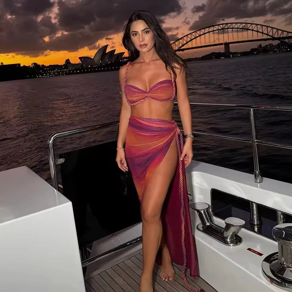 Gradient Print 3 Piece Bikini Set - Sexy Push Up Swimsuit with Long Skirt Cover Up