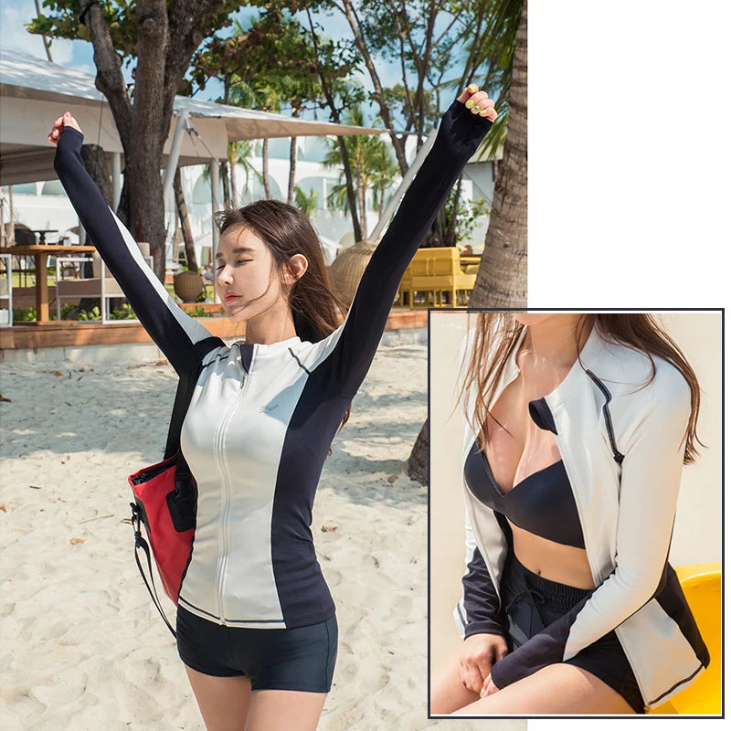 Women's 3-Piece Long Sleeve Rash Guard Set | UV Protection Zip Up Swimsuit