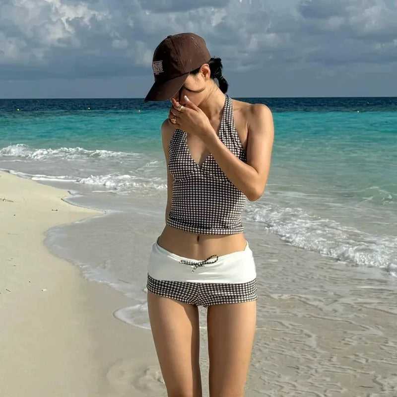 Women's Deep V Push Up Bikini Set | High Waist Checkered Two Piece Swimsuit