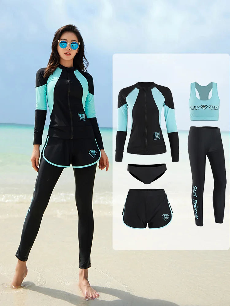Women's 5-Piece Long Sleeve Rash Guard Set | UV/SPF Swim Shirt & Leggings