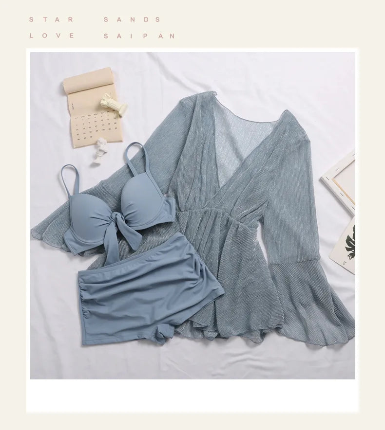 Mother-Daughter Matching Swimsuit Set | Long Sleeve Sun Protection Cover Up & Bikini 3-Piece