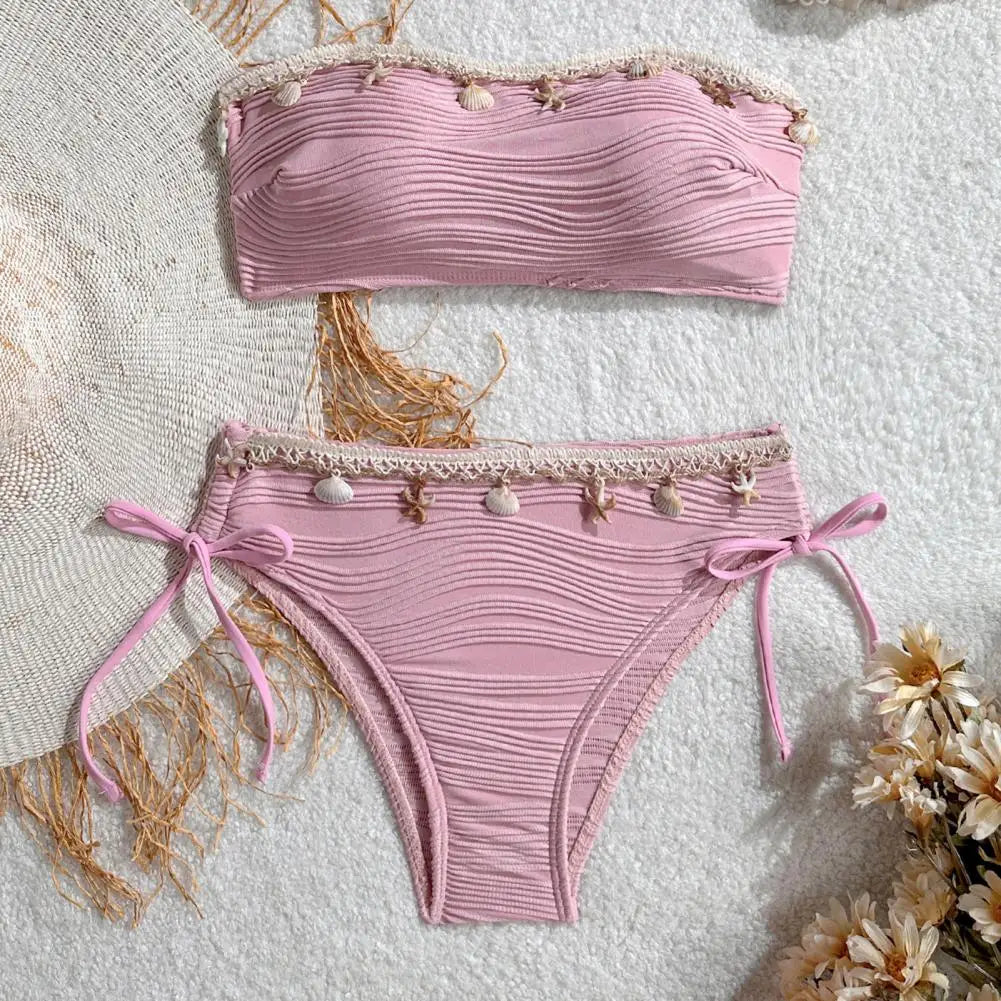 Women's Solid Tube Top Bikini Set | High Waist Swimsuit with Shell Decor