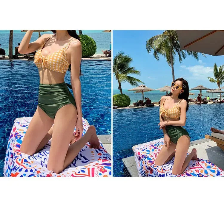 Women's High Waist Strap Bikini Set | Gathered Top with Slimming Fit