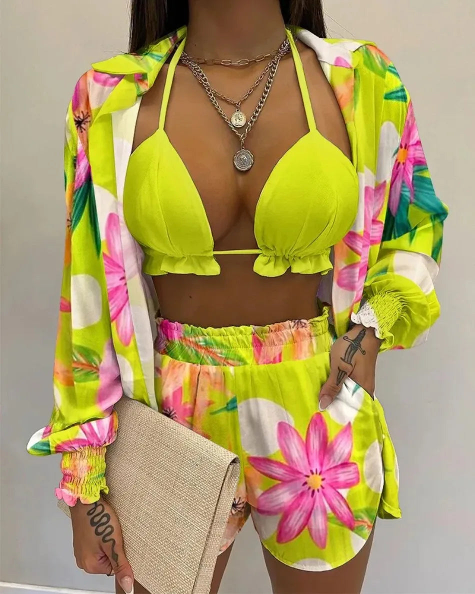 Women's 3-Piece High Waist Bikini Set | Print Swimwear with Shorts Cover Up