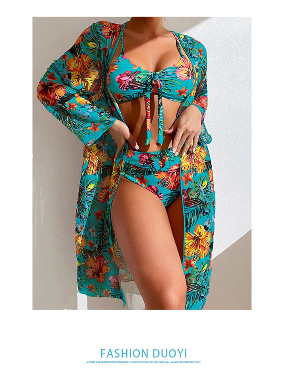 Floral Print 3 Piece Bikini Set with Mesh Blouse - Long Sleeve High Waisted Swimsuit