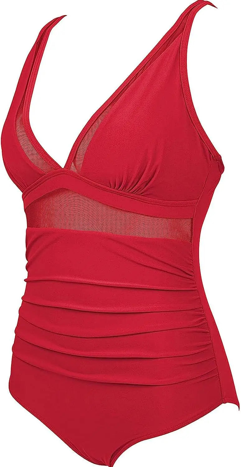 Deep V Neck One Piece Swimsuit - Removable Bra Plain Monokini for Women