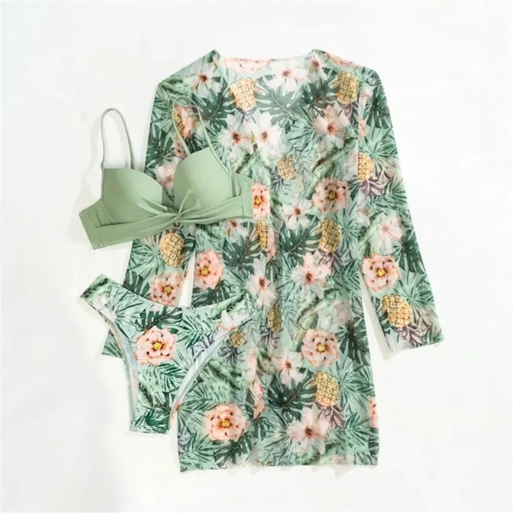 Women's Print 3 Piece Bikini Set - Push Up Twist Swimsuit with Long Sleeve Cover Up