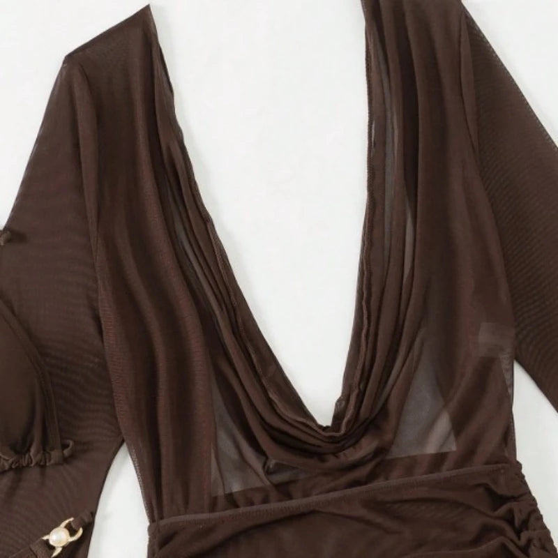 Women's Triangle Push Up 3-Piece Bikini Set | Mesh Long Sleeve Cover Up Swimwear