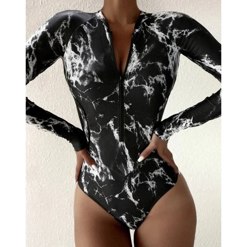 White Solid Color One Piece Swimsuit - Athletic Long Sleeve Swimwear for Beach & Surf