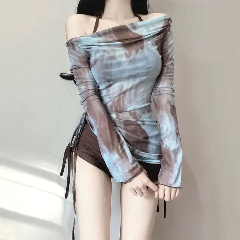 Tie Dye 3 Piece Bikini Set - Mesh Long Sleeve Off Shoulder Swimsuit for Beach