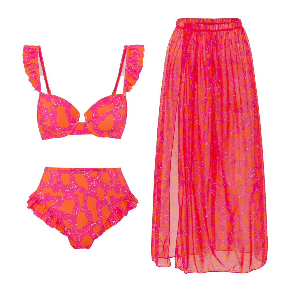 Women's Floral Ruffle Bikini Set | Push Up Swimsuit with Beach Skirt Cover Up