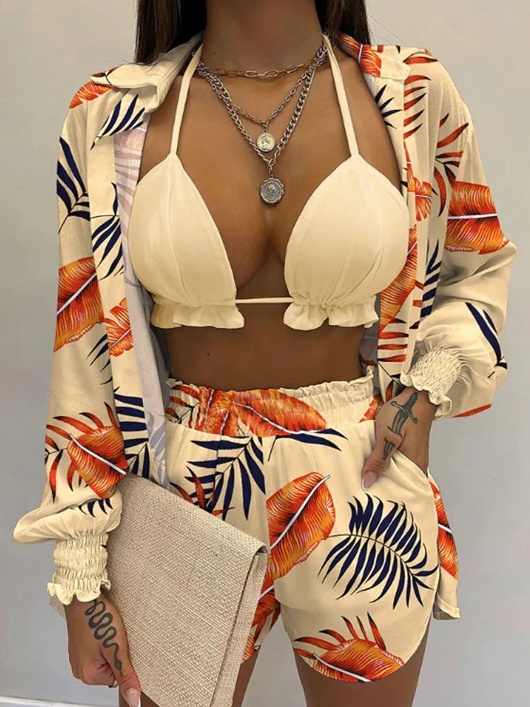 Women's 3-Piece High Waist Bikini Set | Print Swimwear with Shorts Cover Up