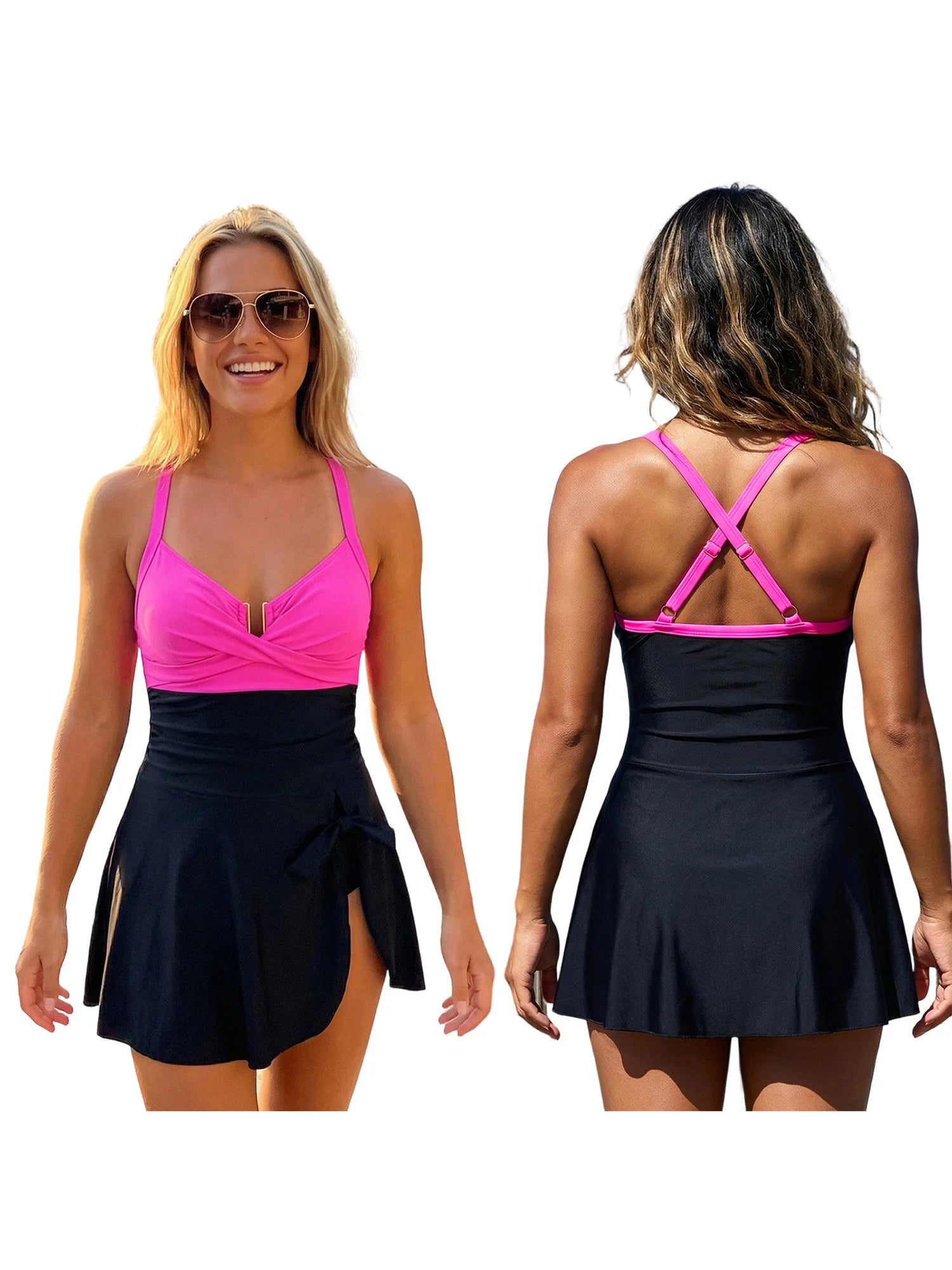 Women's High Waist Swim Dress | Tummy Control Push Up Monokini with Ruched Detail