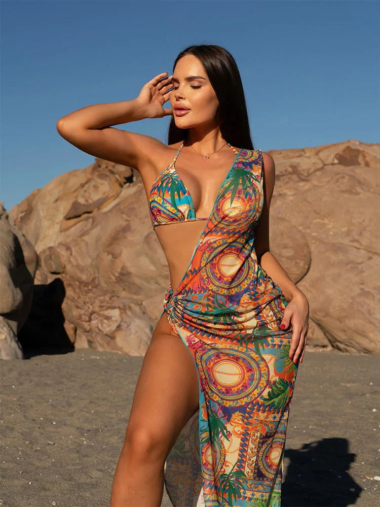 Sexy One-Shoulder 3 Piece Bikini Set - with Mesh Beach Skirt Cover Up