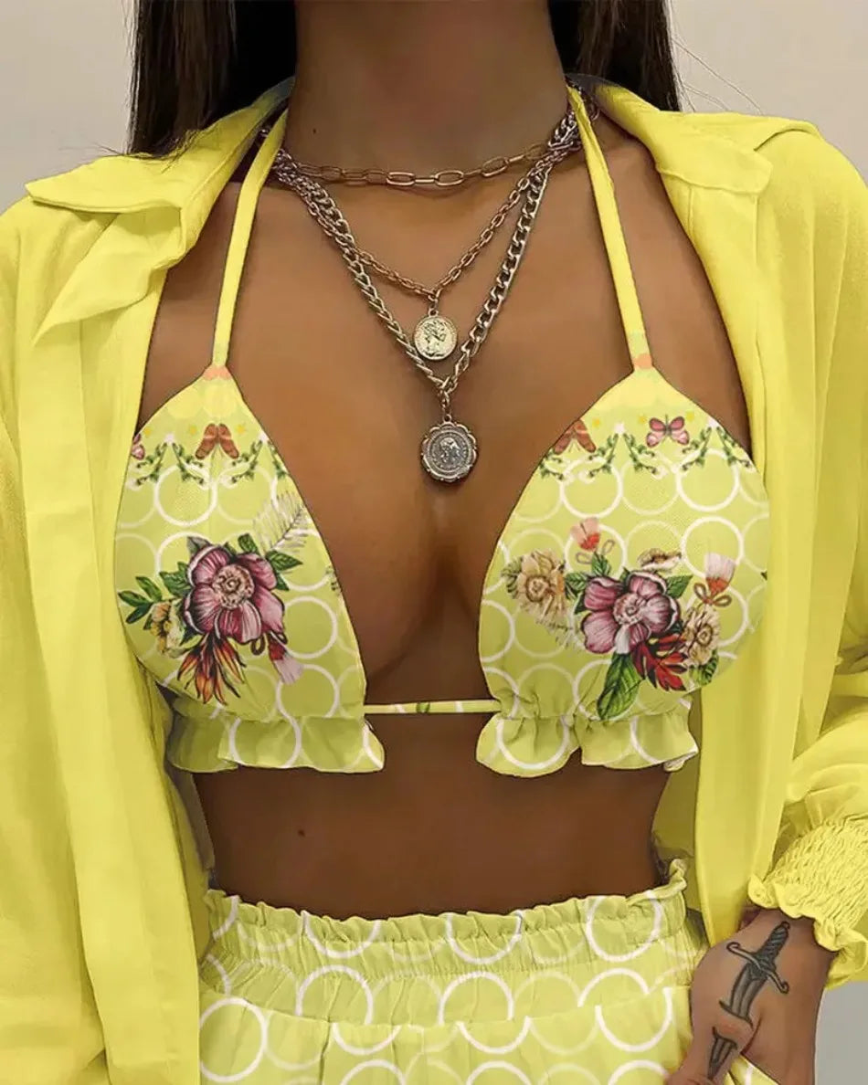 Women's 3-Piece High Waist Bikini Set | Print Swimwear with Shorts Cover Up