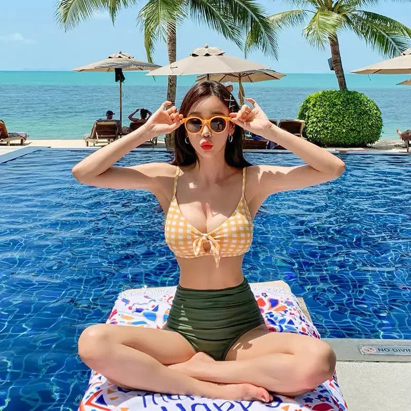 Women's High Waist Strap Bikini Set | Gathered Top with Slimming Fit