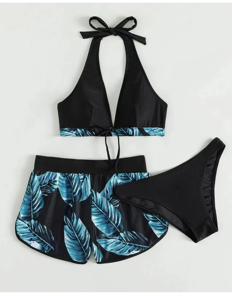 Leaf Print 3 Piece Bikini Set - Women's Sexy High Waist Swimsuit for the Beach