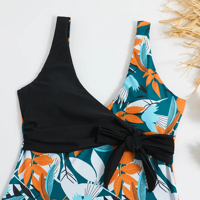 Tropical Print One Piece Swimsuit - Knot Side Belted & Padded Bathing Suit for Women