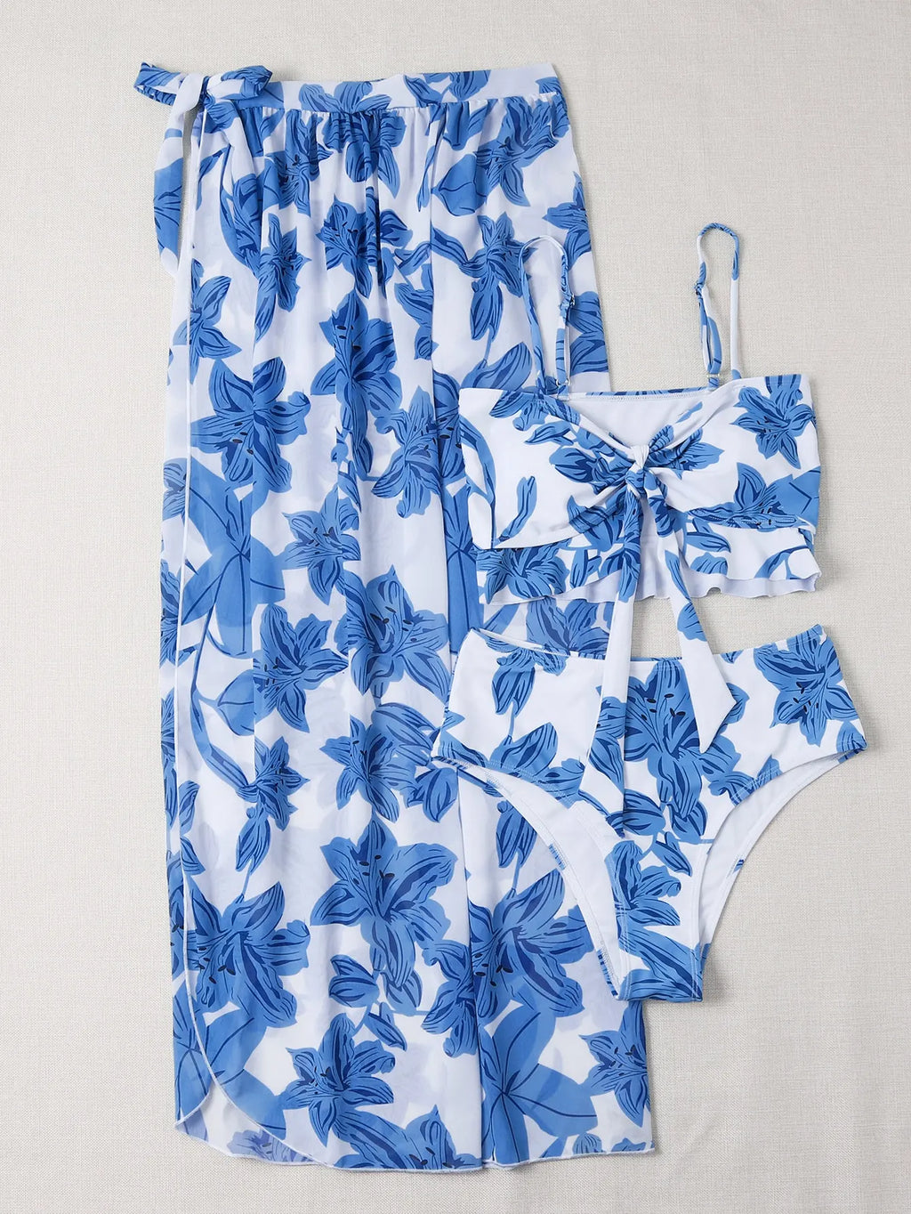 Floral Print 3 Piece Bikini Set - Knot Front Ruffle Swimsuit with High Waist Skirt