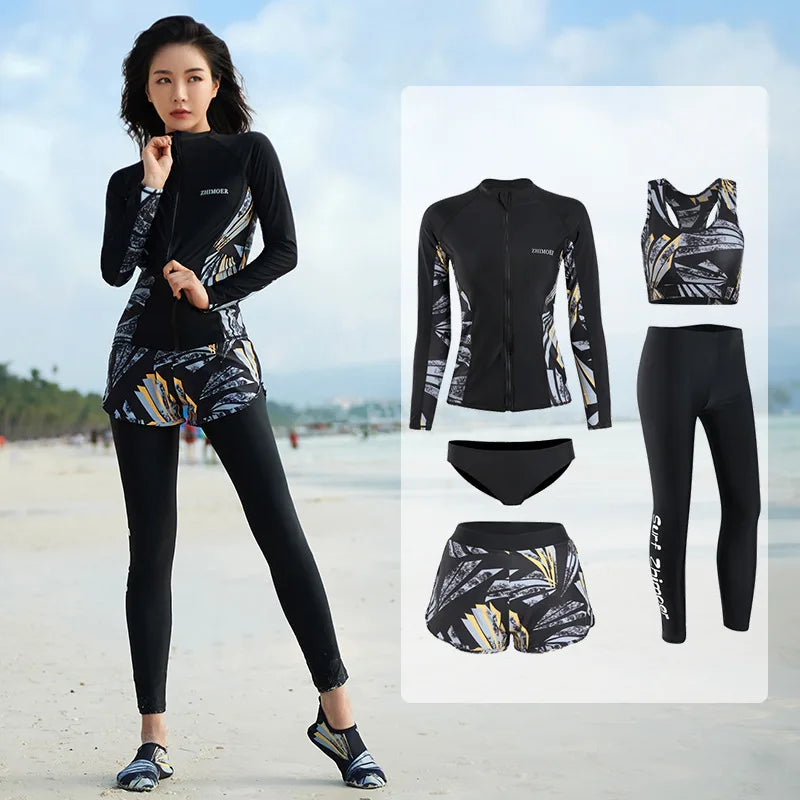 Women's 5-Piece Long Sleeve Rash Guard Set | UV/SPF Swim Shirt & Leggings