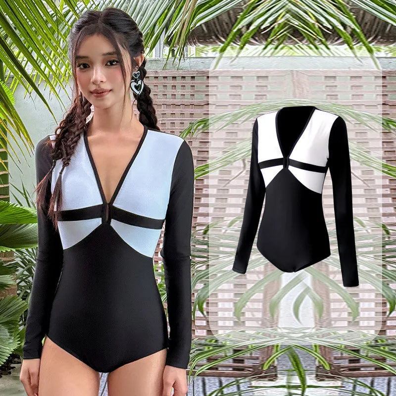 Women's Long Sleeve One Piece Swimsuit | Hollow Neck Sun Protection Rash Guard