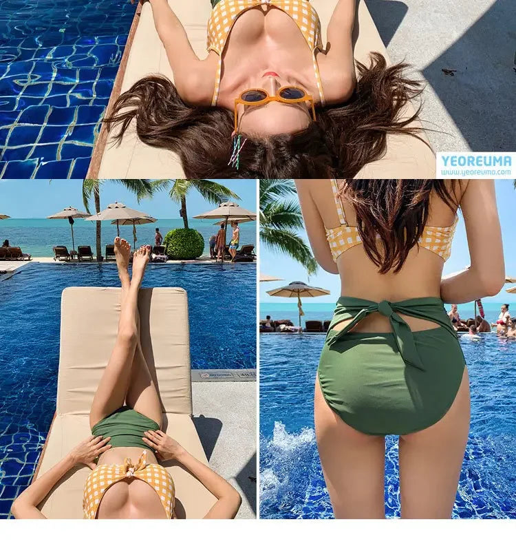 Women's High Waist Strap Bikini Set | Gathered Top with Slimming Fit
