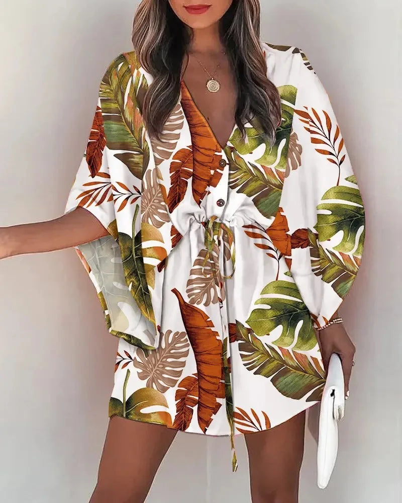 Women's Floral Print Batwing Sleeve Dress | V-Neck Ruffle Hem Boho Summer