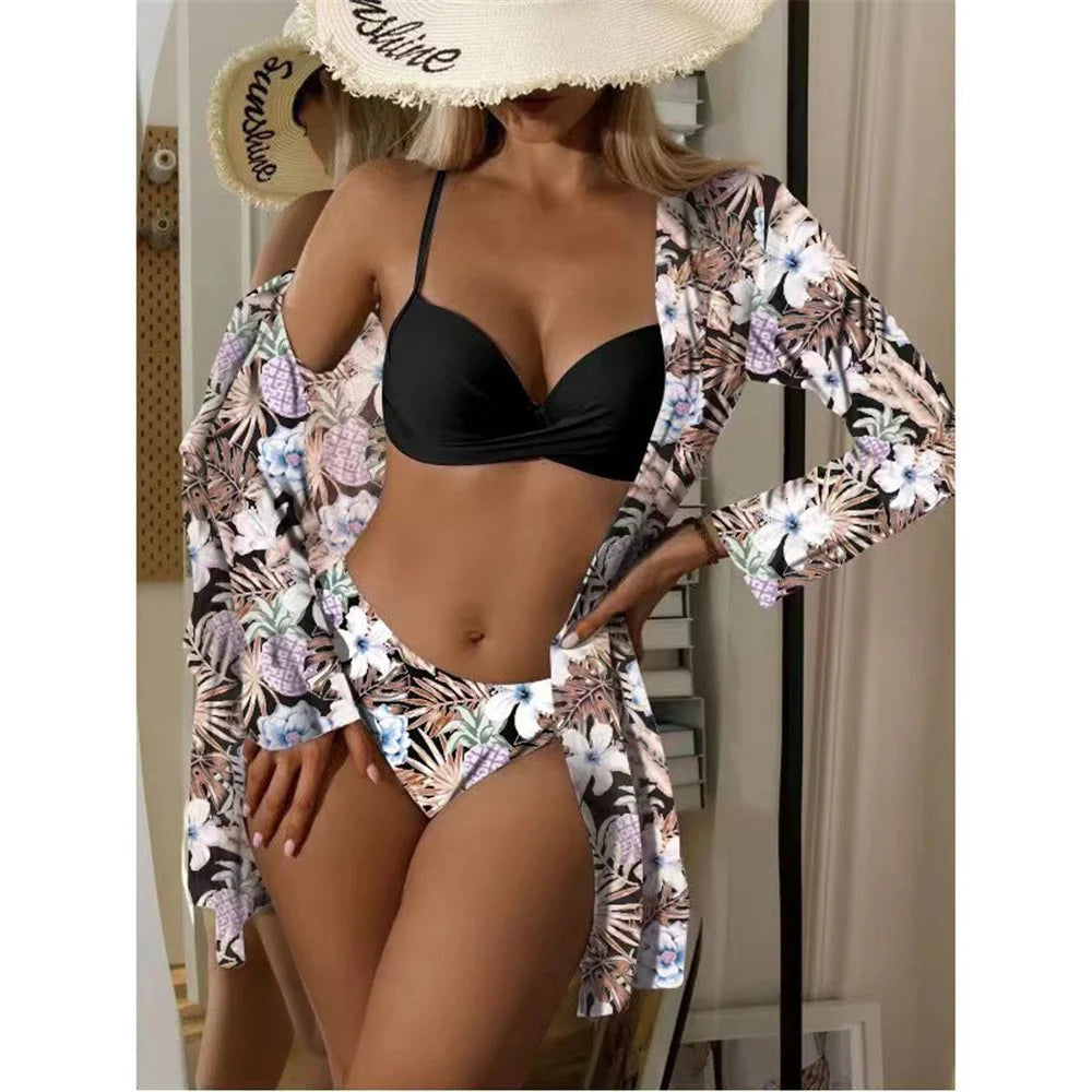 Women's Print 3 Piece Bikini Set - Push Up Twist Swimsuit with Long Sleeve Cover Up