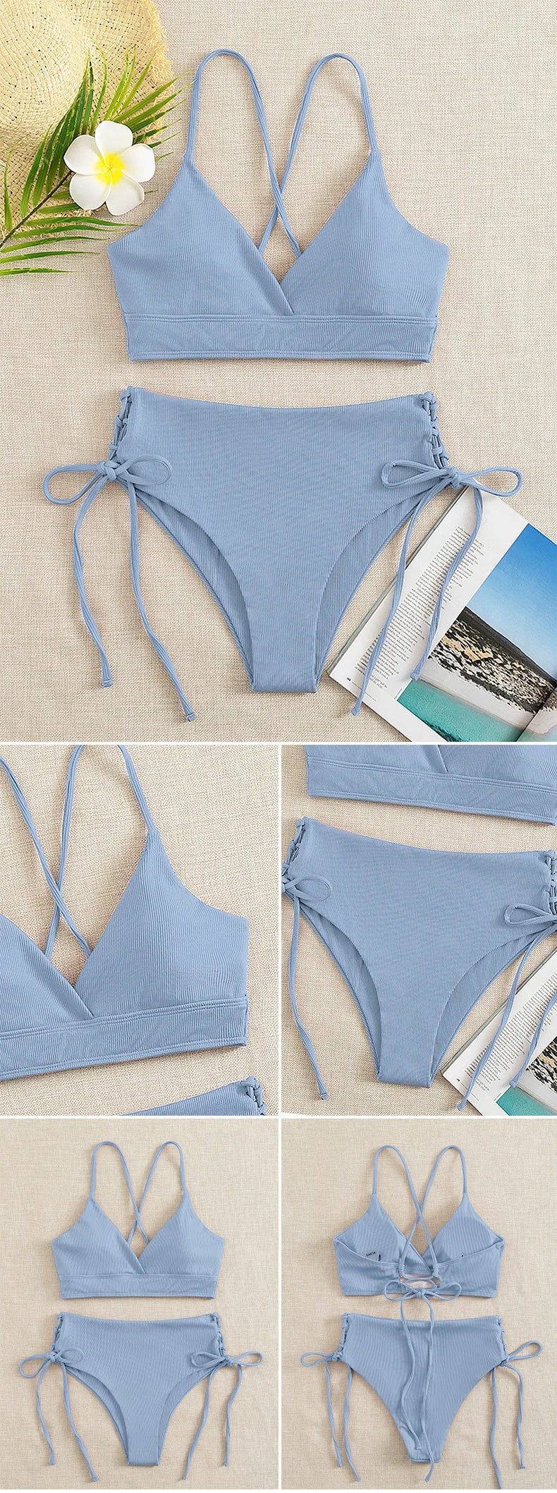 CIKINI Women's V-Neck Lace Up Bikini Set | Solid Color Triangle Swimwear