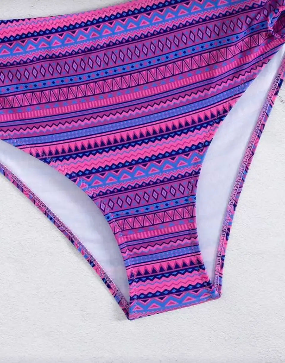Women's Strappy High Waist Striped Bikini | Drawstring Swimwear