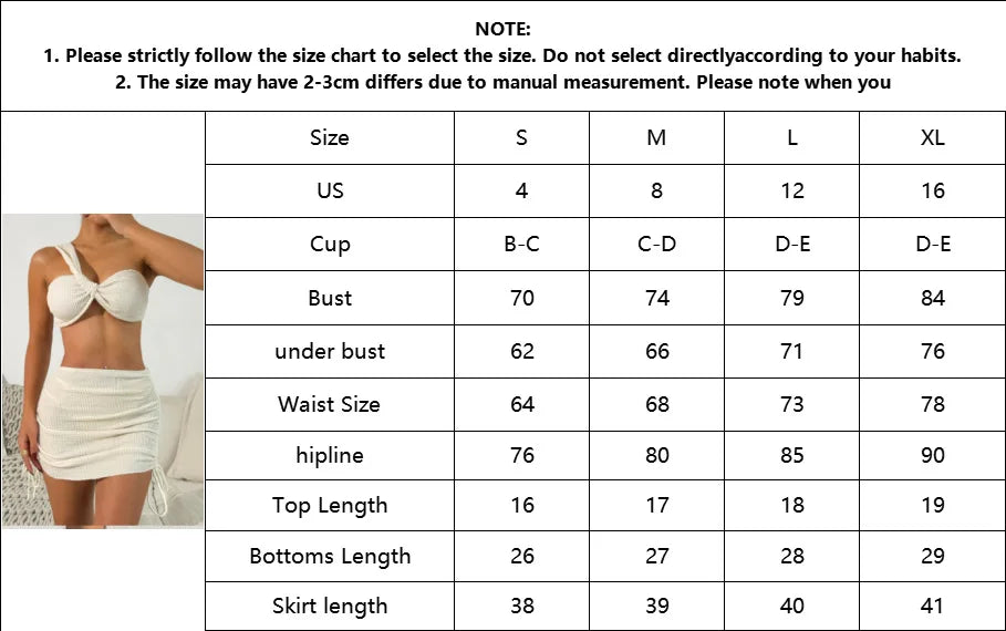 Solid Color 3 Piece Bikini Set - Single Shoulder Sexy Backless Swimsuit with Skirt