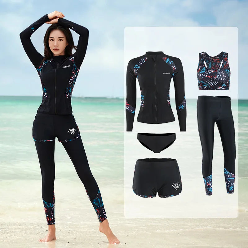 Women's 5-Piece Long Sleeve Rash Guard Set | UV/SPF Swim Shirt & Leggings