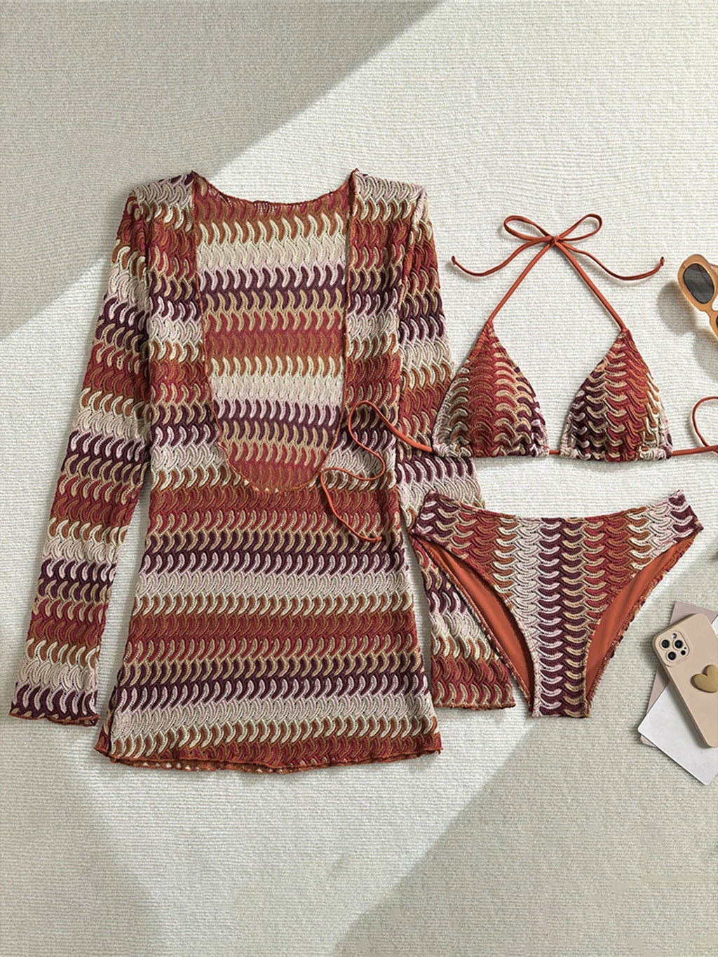Women's 3-Piece Printed Bikini Set | Long Sleeve Cover Up Swimwear